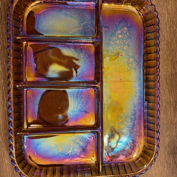 🍇 Vintage Marigold Carnival Glass Footed Fruit Bowl & Divided Relish Tray Set - Picture 11 of 14